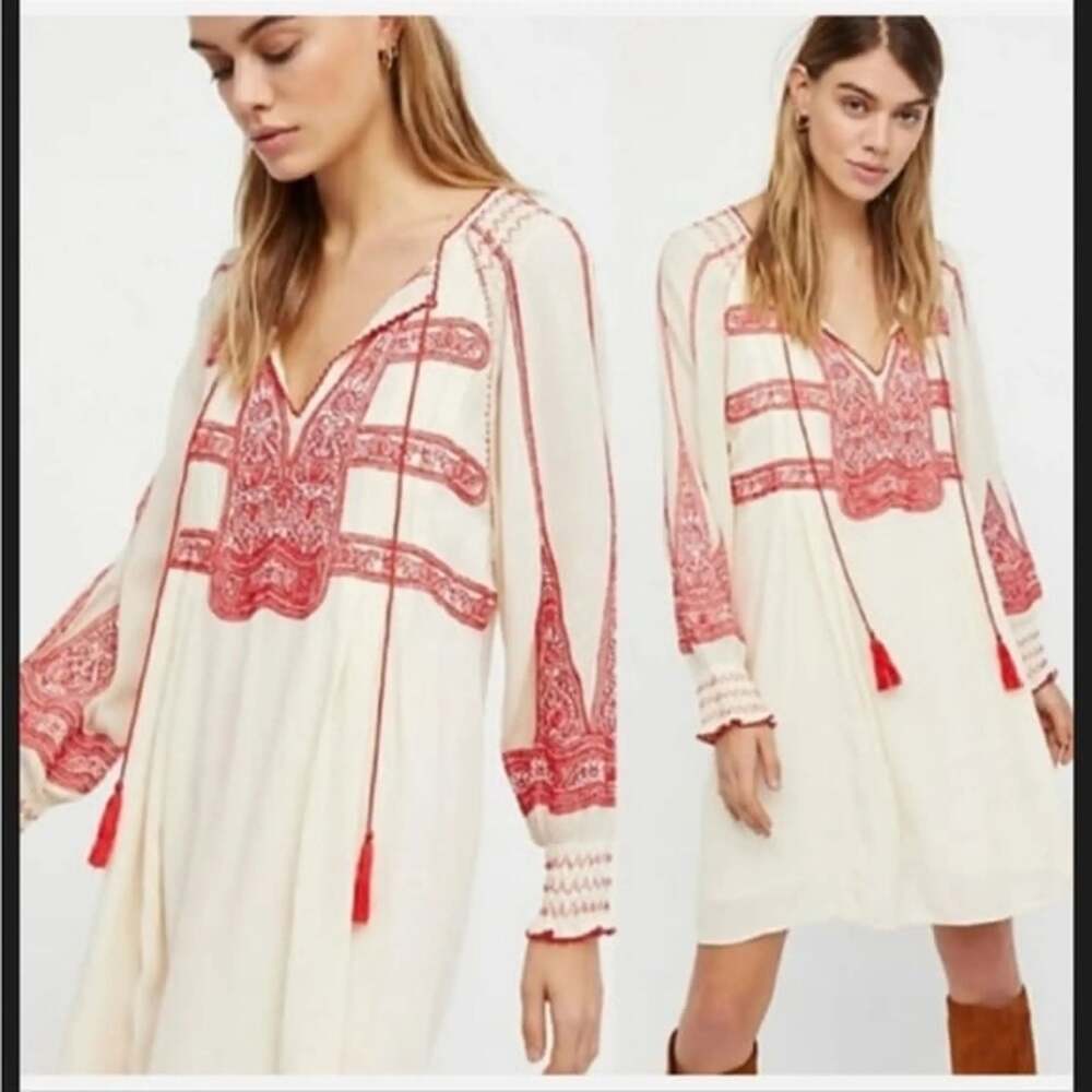 Free People Embroidered Tassel Mini Dress Size M